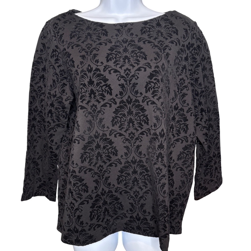 J McLaughlin Womens Black Damask Velvet Boat Neck Top Sz L Flowy Casual‎ Classic